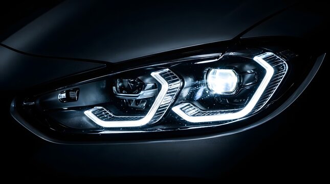Modern luxury car led headlight detail showing futuristic optics and glowing daytime light.