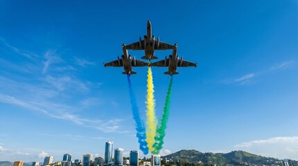 Obraz premium Military fighter jets aerobatic formation flying over city skyline trailing colored smoke in blue sky