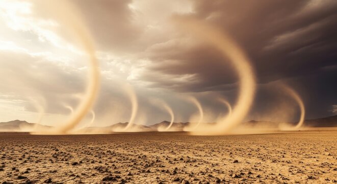 Dust Devils Swirling Across Arid Desert Landscape Under Stormy Sky