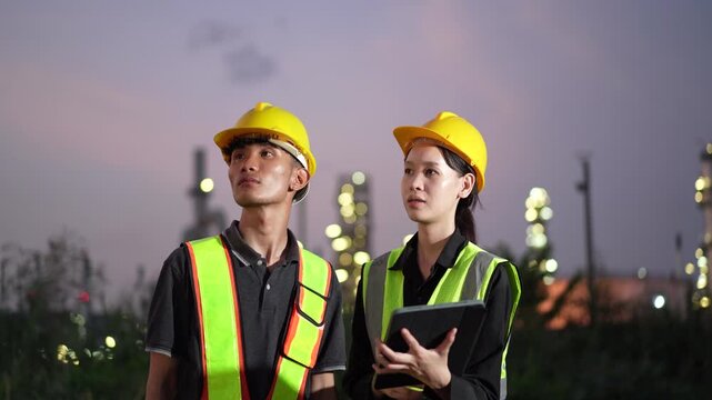 Industrial engineers conducting site inspection at a manufacturing facility using digital technology. Workplace safety, engineering operations, industrial management and smart factory monitoring.
