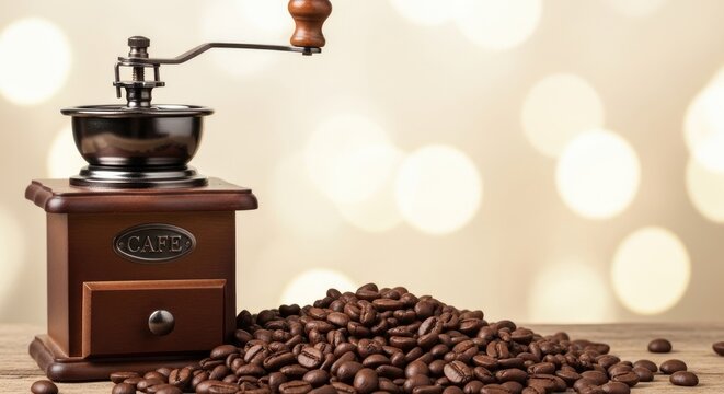 Vintage Coffee Grinder and Roasted Coffee Beans on Wooden Tabletop.