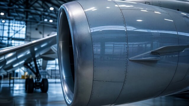 Streamlined outer shell of aircraft engine nacelle reflecting hangar lights.