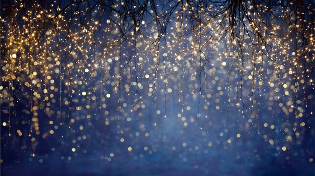 Sparkling string lights on tree branches against dark blue background