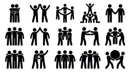 Obraz premium Collection of black stick figure icons showing various human interactions like hugging, high-fives and teamwork, symbolizing community partnership and illustrating corporate social cooperation