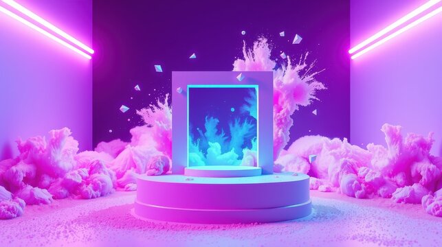 Vibrant pink, purple scene. Platform displays glowing cube. Neon lights illuminate abstract shapes, creating futuristic display.