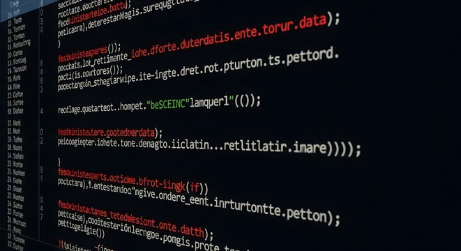 Close-up of computer screen displaying coding software, programming language, and developer workspace with colorful code
