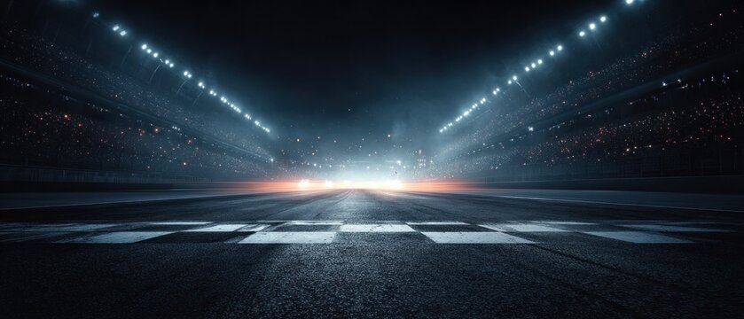 Race track starting line at night with bright floodlights and a large crowd in the stadium