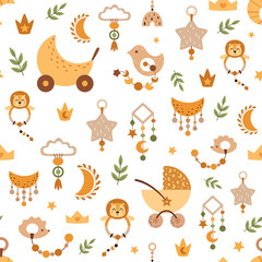 Obraz premium Nursery seamless pattern with cute newborn baby accessories and toys. Newborn baby background. Kids cartoon vector ilustration.