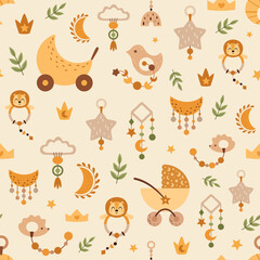 Fototapeta premium Nursery seamless pattern with cute newborn baby accessories and toys. Newborn baby background. Kids cartoon vector ilustration.