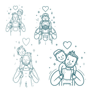 Cute Father and Son Piggyback Ride Line Art Vector Set(귀여운 아빠와 아들 목말 태우기 라인아트 벡터 세트)