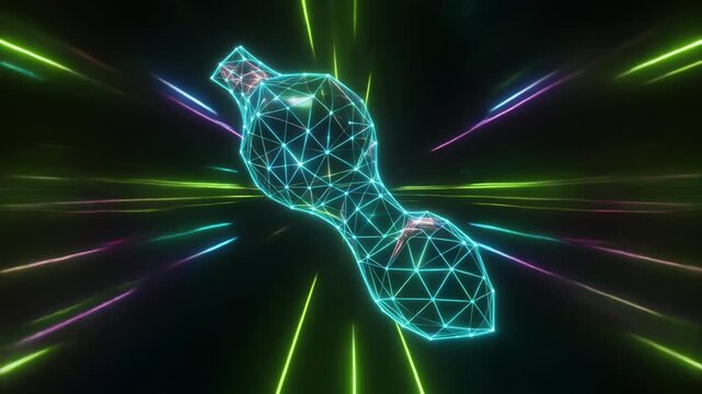Abstract 3D Wireframe Bottle with Neon Light Tunnel Effect.