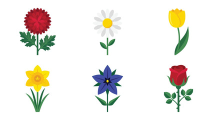 Obraz premium Vibrant collection of six colorful garden flowers including a red rose daisy tulip daffodil and other botanical blooms arranged in a neat grid pattern displayed as flat vector icons on white backgroun