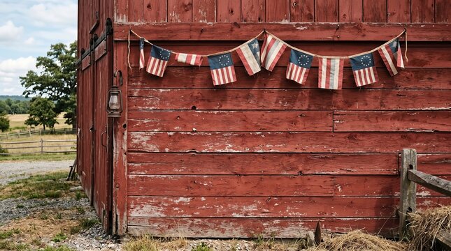 Red wooden barn wall decorated with patriotic flags in a rural setting