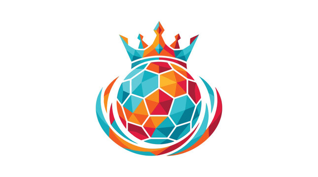Vibrant geometric soccer ball logo design featuring a prominent colorful royal crown symbol with artistic swirling accents and sharp triangular facets displayed in a clean graphic style isolated on wh