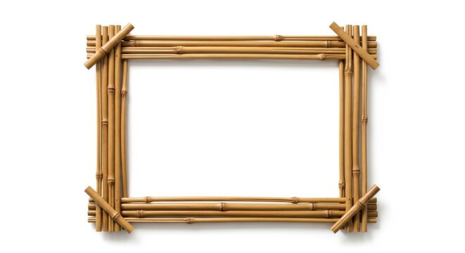 Natural bamboo frame with tropical aesthetic, rustic wooden border made of dried bamboo sticks, organic textured frame for summer photography isolated on White Background