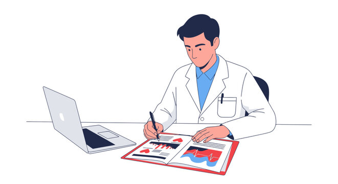 Doctor in Lab Coat Analyzing Medical Charts and Data on Laptop