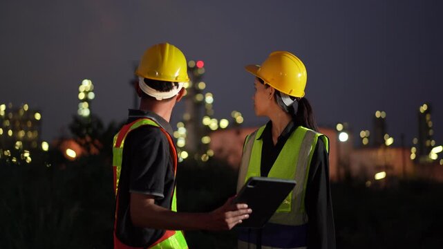 Industrial engineers conducting site inspection at a manufacturing facility using digital technology. Workplace safety, engineering operations, industrial management and smart factory monitoring.