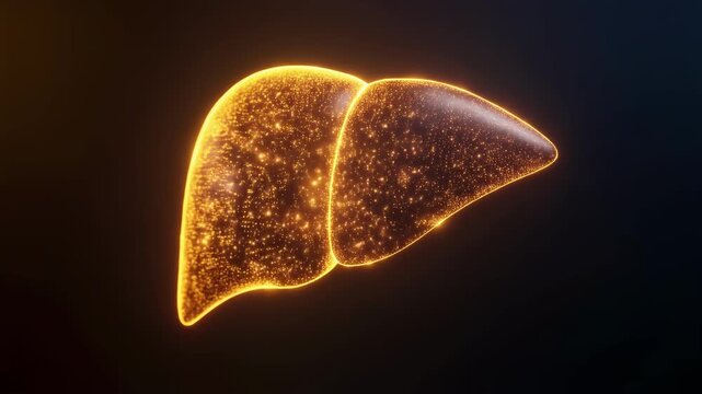 Glowing Human Liver Anatomy with Sparkling Particles.