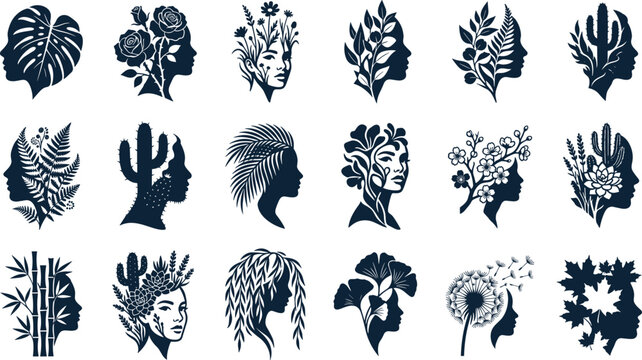 Collection of silhouette featuring human profiles integrated with various botanical like flowers, leaves, cacti, and trees on white