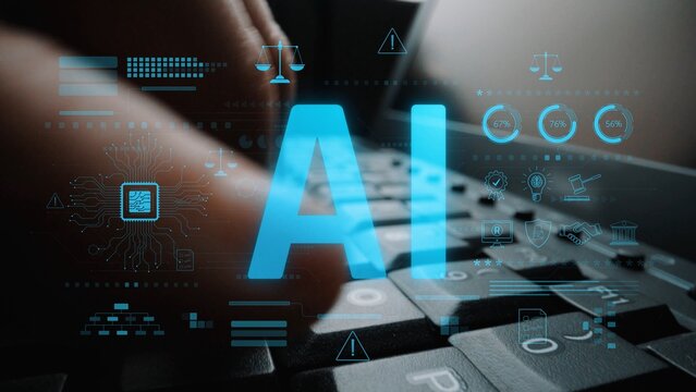 AI circuit microchip with glowing blue lines, surrounded by legal scales, warning symbols, data sheets, and binary codes, representing ethical AI, AI governance, and data integrity Marrow