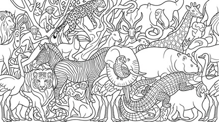 Obraz premium Jungle Wild Animals Coloring Page and Outline Mural Pattern with Lion Tiger Zebra Elephant Giraffe Monkey and Crocodile Line Art Vector Illustration