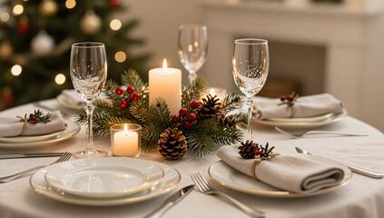 Fototapeta premium Elegant Christmas Dinner Table Setting with Festive Decor