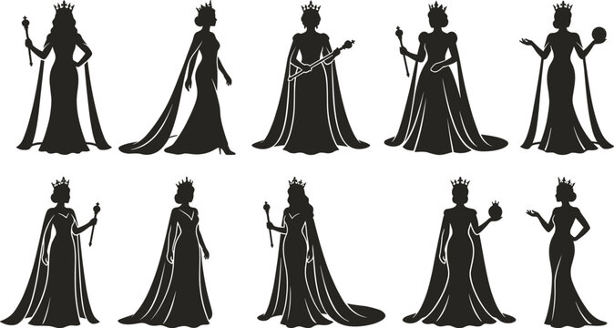 Collection of ten queen silhouettes in long gowns wearing crowns and holding scepters or orbs isolated on a white background, for regal themed projects