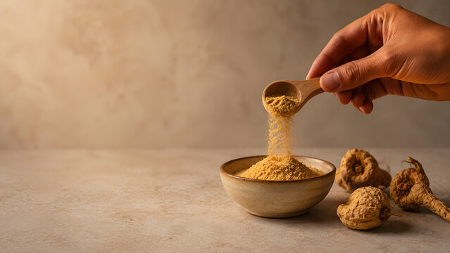 Maca Root Powder with Wooden Spoon and Dried Maca Roots, Premium Adaptogen Supplement Concept