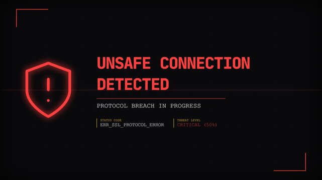Unsafe connection detected, cybersecurity alert with shield icon and protocol breach in progress on black background, symbolizing online security threats and hacking warnings, seamless loop