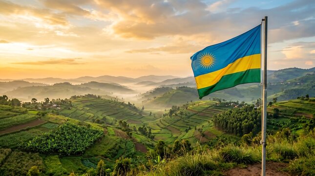 Rwanda national flag waving on pole over green terraced mountains during golden hour misty sunrise