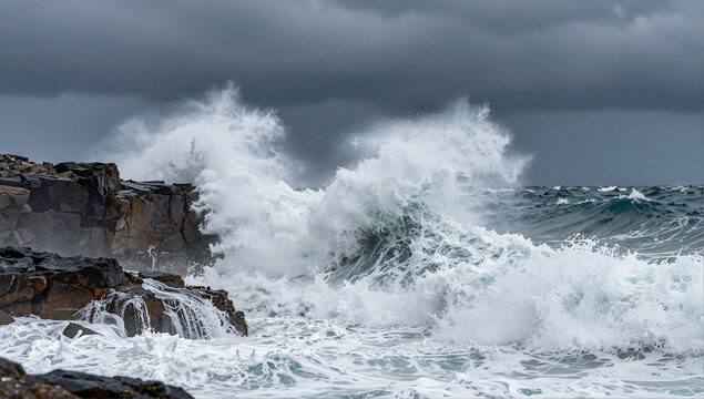 Violent Ocean Storm with Massive Waves Crashing on Cliffs