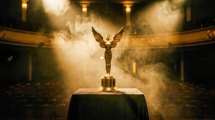 Fototapeta premium Golden winged female award statuette standing proudly on black velvet pedestal illuminated by bright dramatic spotlights inside empty theater filled with mysterious fog