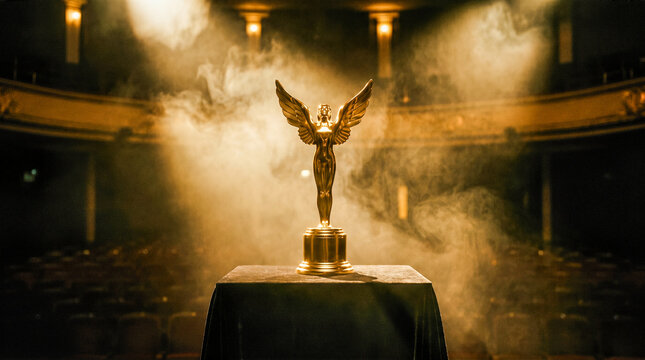 Golden winged female award statuette standing proudly on black velvet pedestal illuminated by bright dramatic spotlights inside empty theater filled with mysterious fog