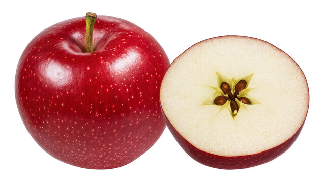 Whole red apple and half apple showing seeds and core