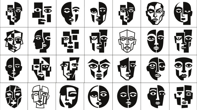 Abstract geometric face portraits and cubist style human head in a black and white grid pattern for artistic, psychological, or conceptual visual projects