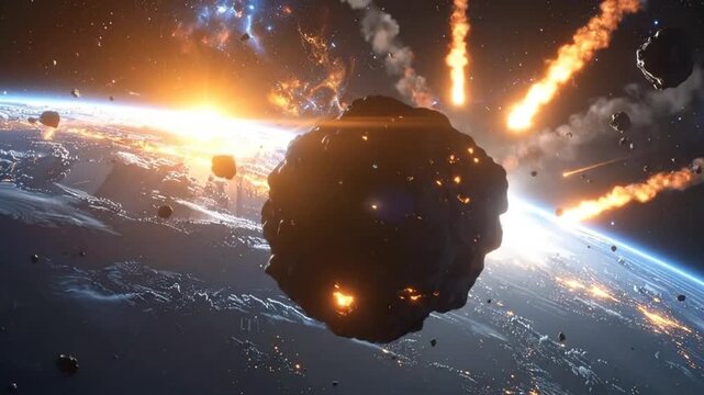 A beautiful view of the planet with asteroids and a bright sun in space