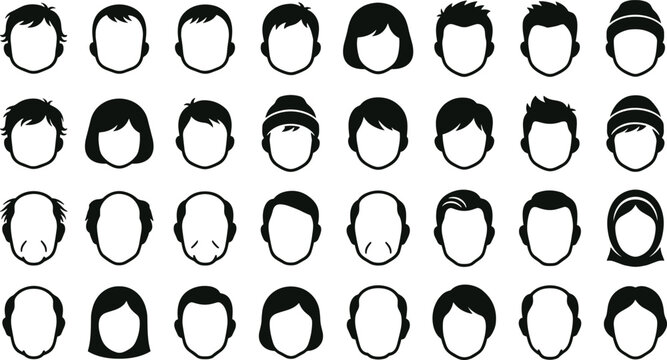 Set of blank human head silhouettes, various hairstyles and head coverings, generic avatar for user profiles, black and white collection, isolated on a white background