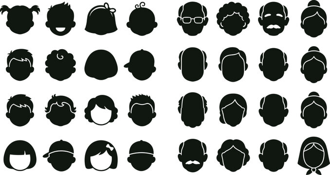 Collection of black silhouette representing diverse human faces, age groups, and genders, simple avatar set for user profiles, isolated on a white background