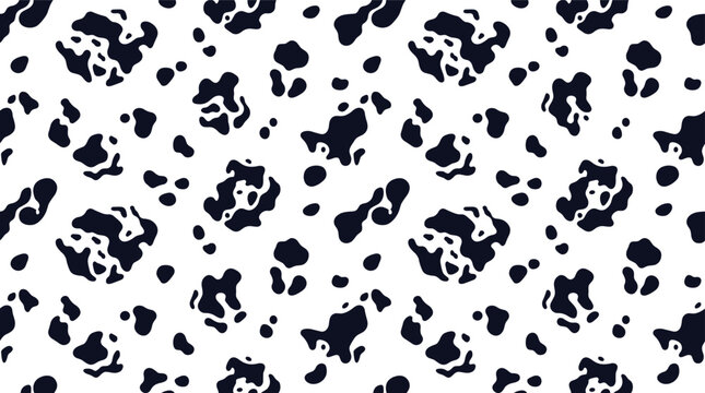 Seamless pattern with black organic irregular shapes and spots on a white background, resembling cow hide or animal skin texture for textile and wallpaper printing