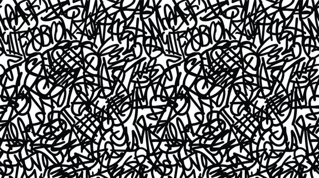 Abstract black and white graffiti tagging seamless pattern featuring overlapping calligraphic lines and scribbles in a dense urban street style