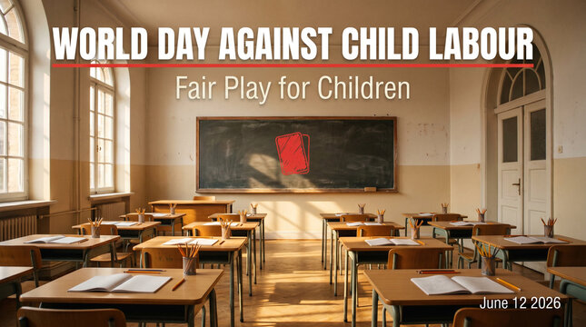 World Day Against Child Labour 2026 &ndash; Empty Classroom with Red Card Symbol, Fair Play for Children Editorial Stock Photo