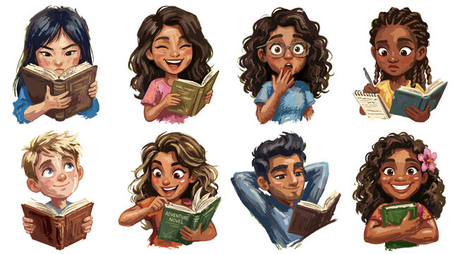 A vibrant collection of diverse children and young adults engrossed in reading books, showcasing various expressions and ethnicities.