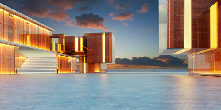 3D Modern architecture building with glowing lights at sunset