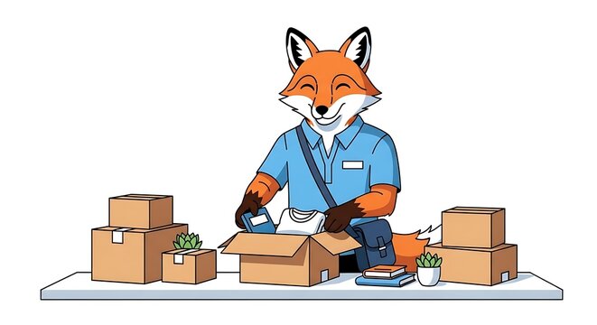 Fox wearing blue overalls working at warehouse.