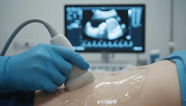 Healthcare professional performing an abdominal ultrasound on a pregnant patient. Close up of transducer with gel and sonogram monitor. Prenatal medical examination in a clinic
