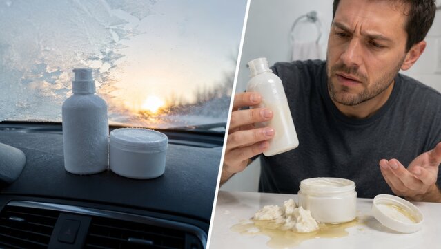 Cosmetic bottle frozen in the car and spoiled skincare on the counter