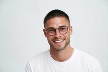 Fototapeta premium The young man wearing round glasses smiling against a clean white background