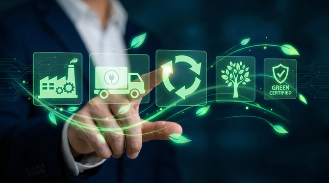 Sustainable green supply chain management concept, businessman touching digital icons for eco friendly logistics, circular economy and renewable energy