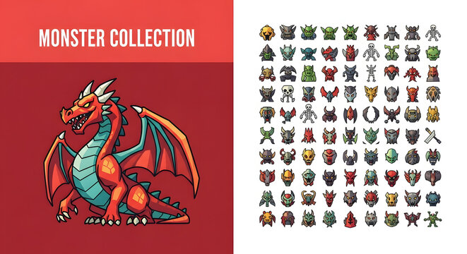 Monster collection of 64 fantasy creature icons, red dragon character illustration, pixel art style gaming assets for mobile apps and rpg development