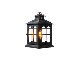 Fototapeta premium An old vintage kerosene lantern with a black metal frame and glass casing is isolated on a white background, serving as an antique oil lamp decoration
